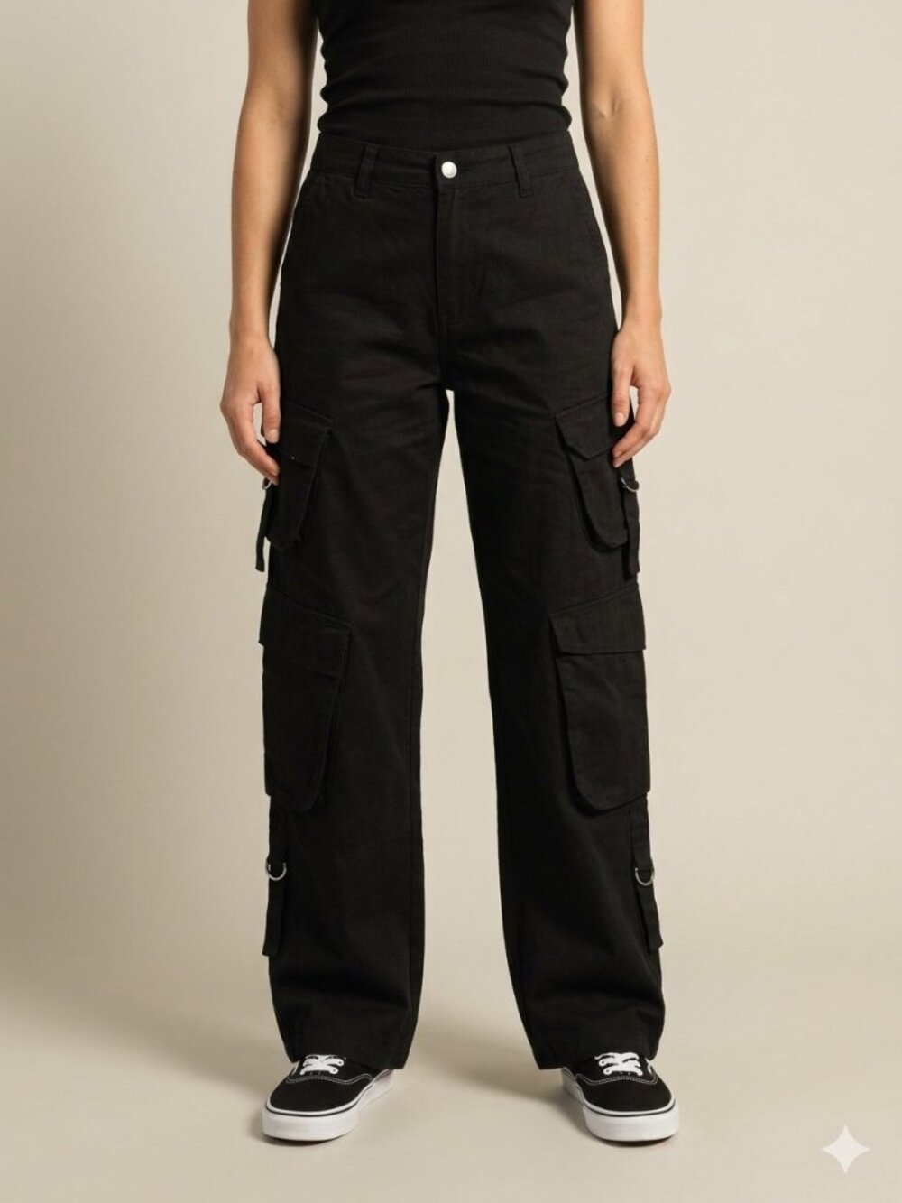 Y2K 90s Refuge Black Multi-Pocket Wide-Leg Cargo Pants - Size Medium BNWT